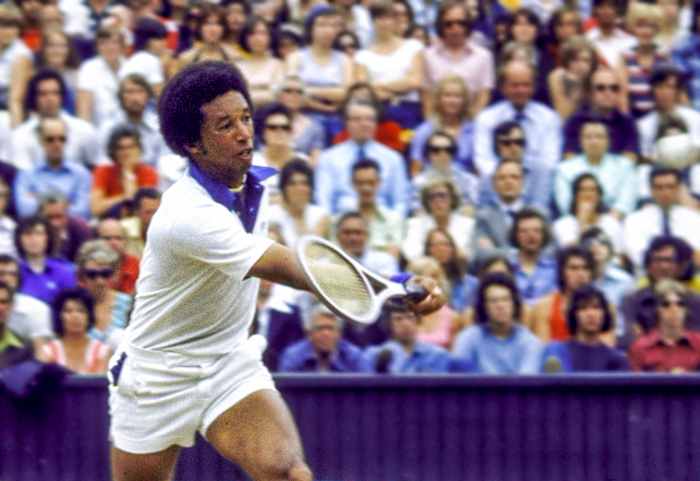 Ashe at Wimbledon in 1975, the year he won the tournament.